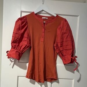 ULLA JOHNSON PUFF SLEEVE RIBBED TO SHIRT BLOUSE WOMEN SMALL S